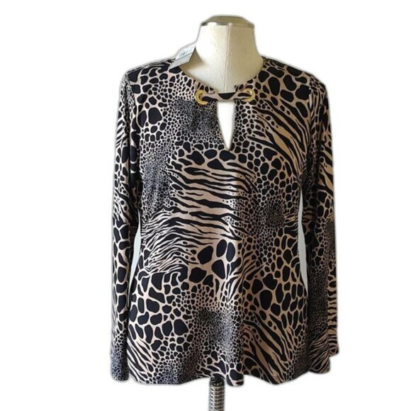NWT! Michael Kors Animal Print Keyhole Logo Neckline Stretch Blouse Top Large - Picture 1 of 8